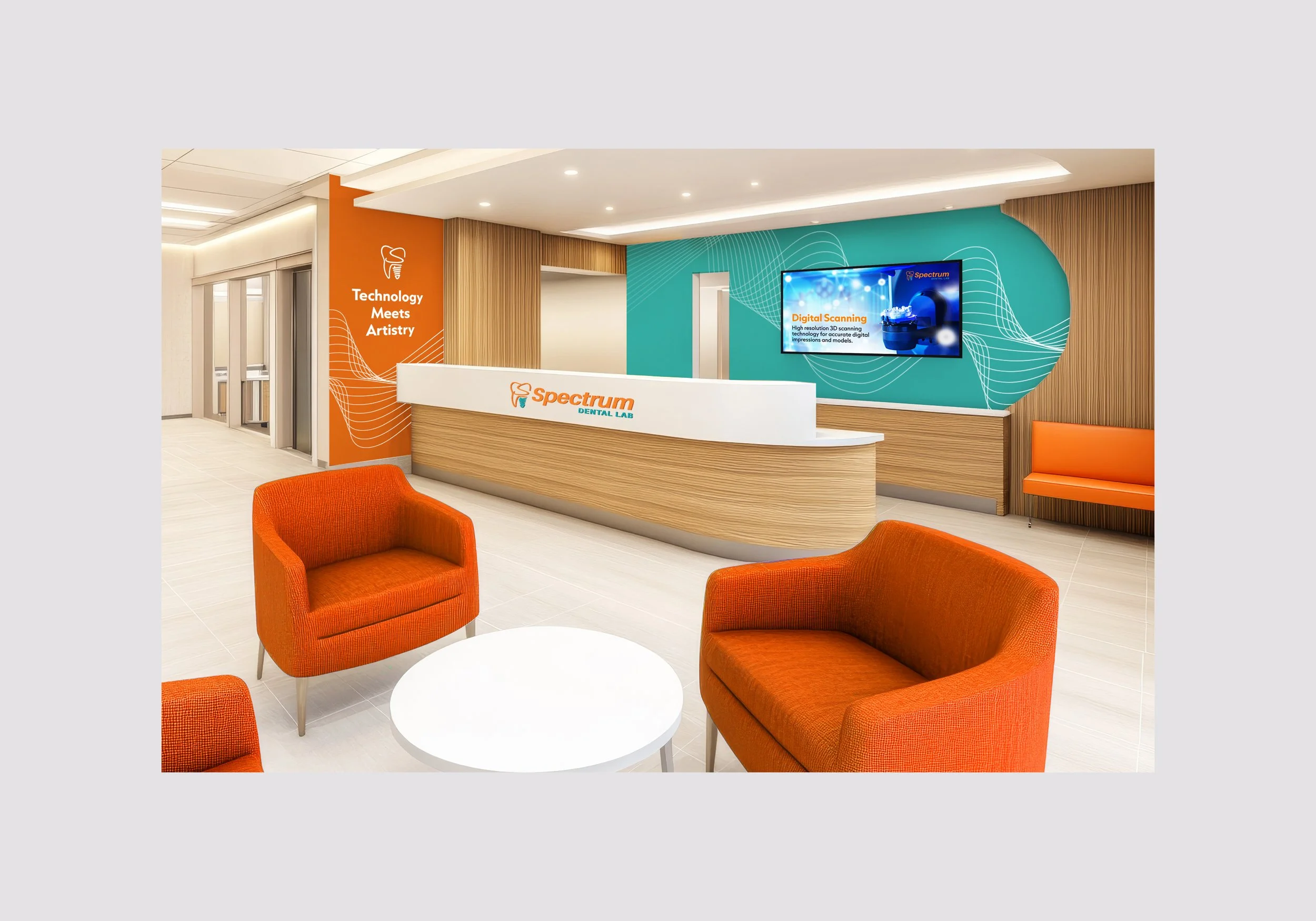 The office environment reflects the refreshed brand, combining visuals and colour for a unified experience.