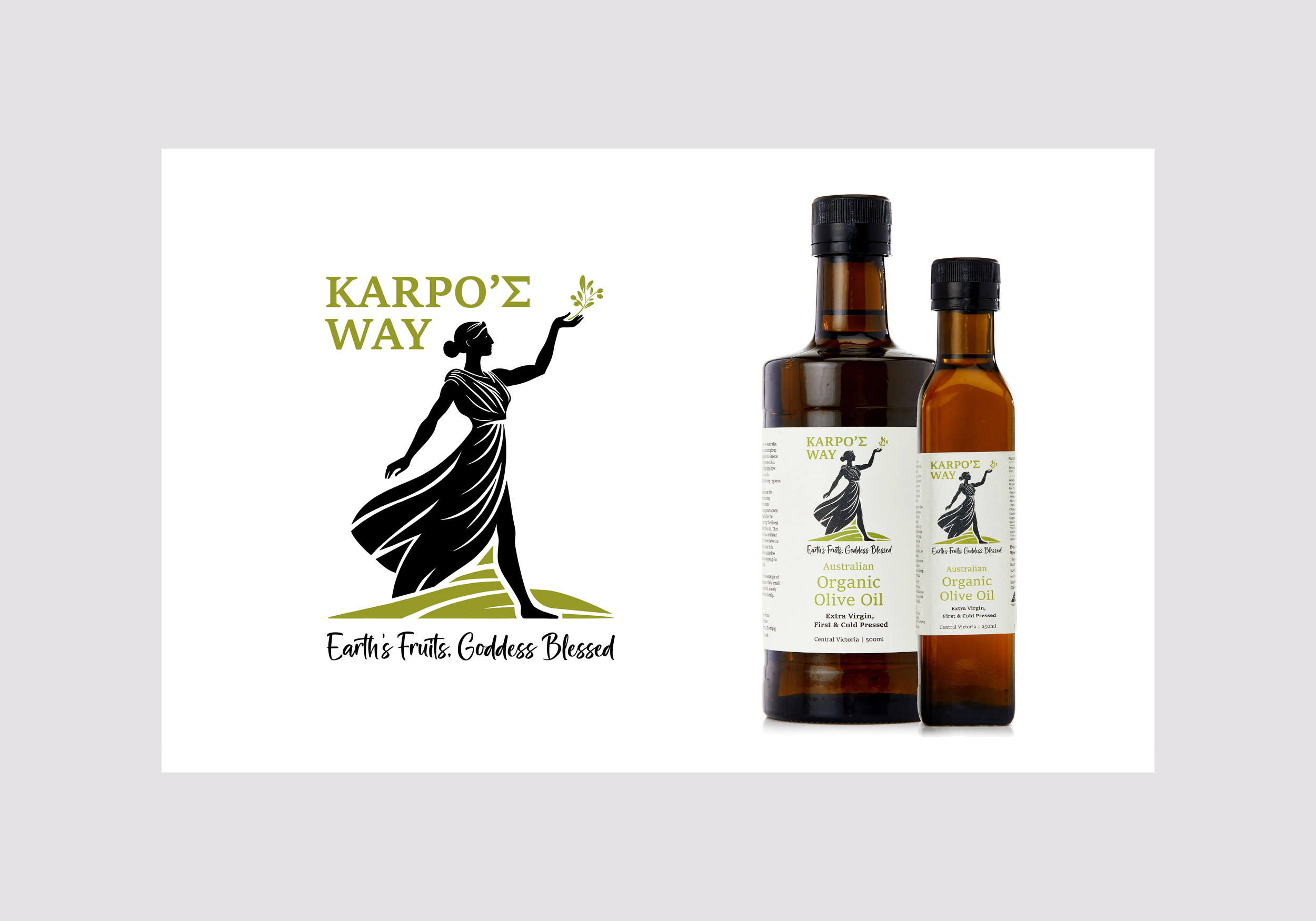 I also created the logo, illustration, and tagline for Karpo’s Way, Bushranger Honey’s small-batch olive oil line. Inspired by Karpo, the Greek goddess of harvest, the striking design shows her nurturing an olive branch, brought to life with a bold g
