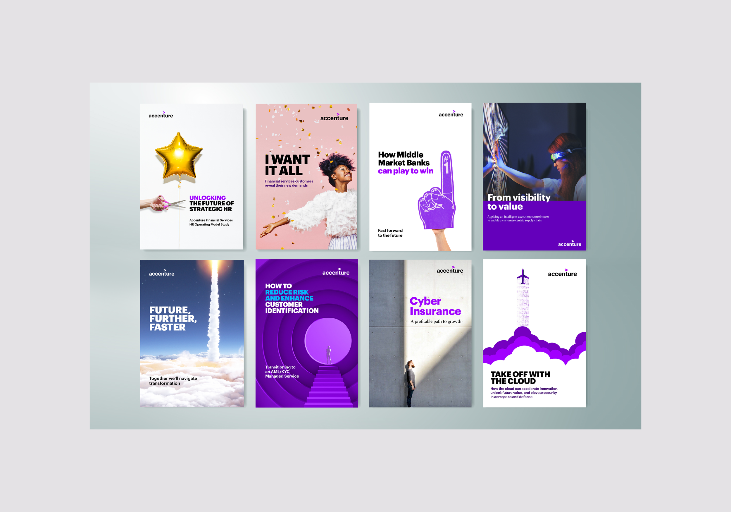 A selection of Accenture report covers I designed featuring a blend of photographic and custom illustrative concept approaches.
