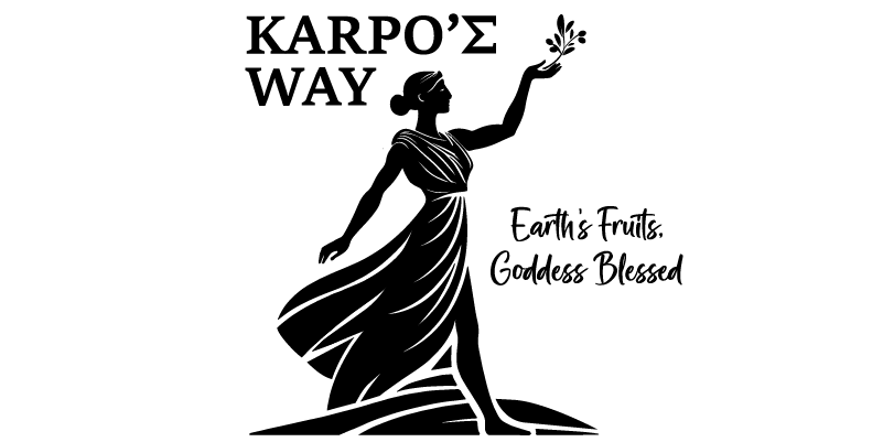 Silhouette of a woman holding a branch, with the text "KARPO'S WAY" above her and "Earth's Fruits, Goddess Blessed" to the side, on a plain background.