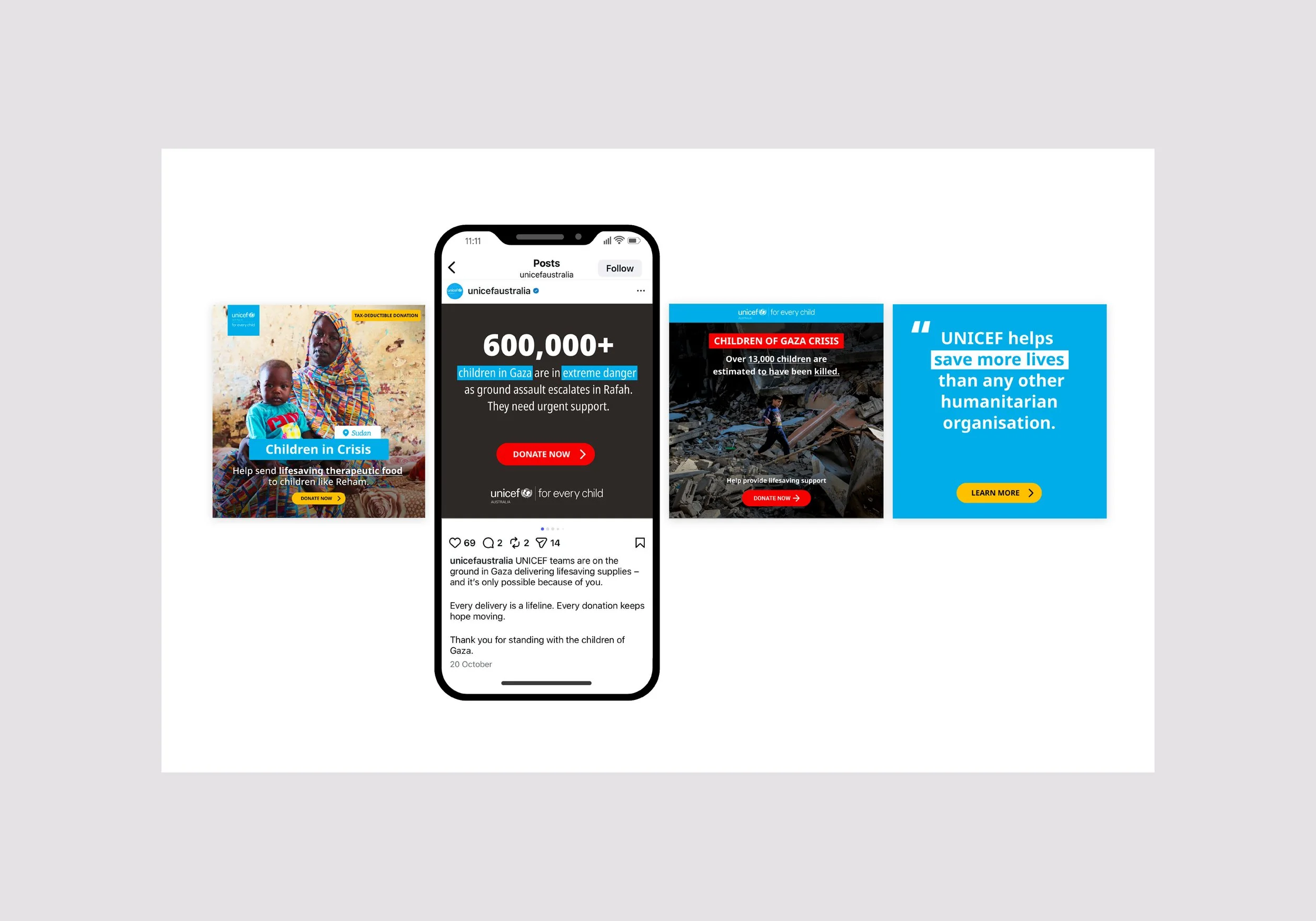 Clear social messaging and emotive imagery drive donations during war and devastation, when UNICEF urgently needs support for vulnerable children.