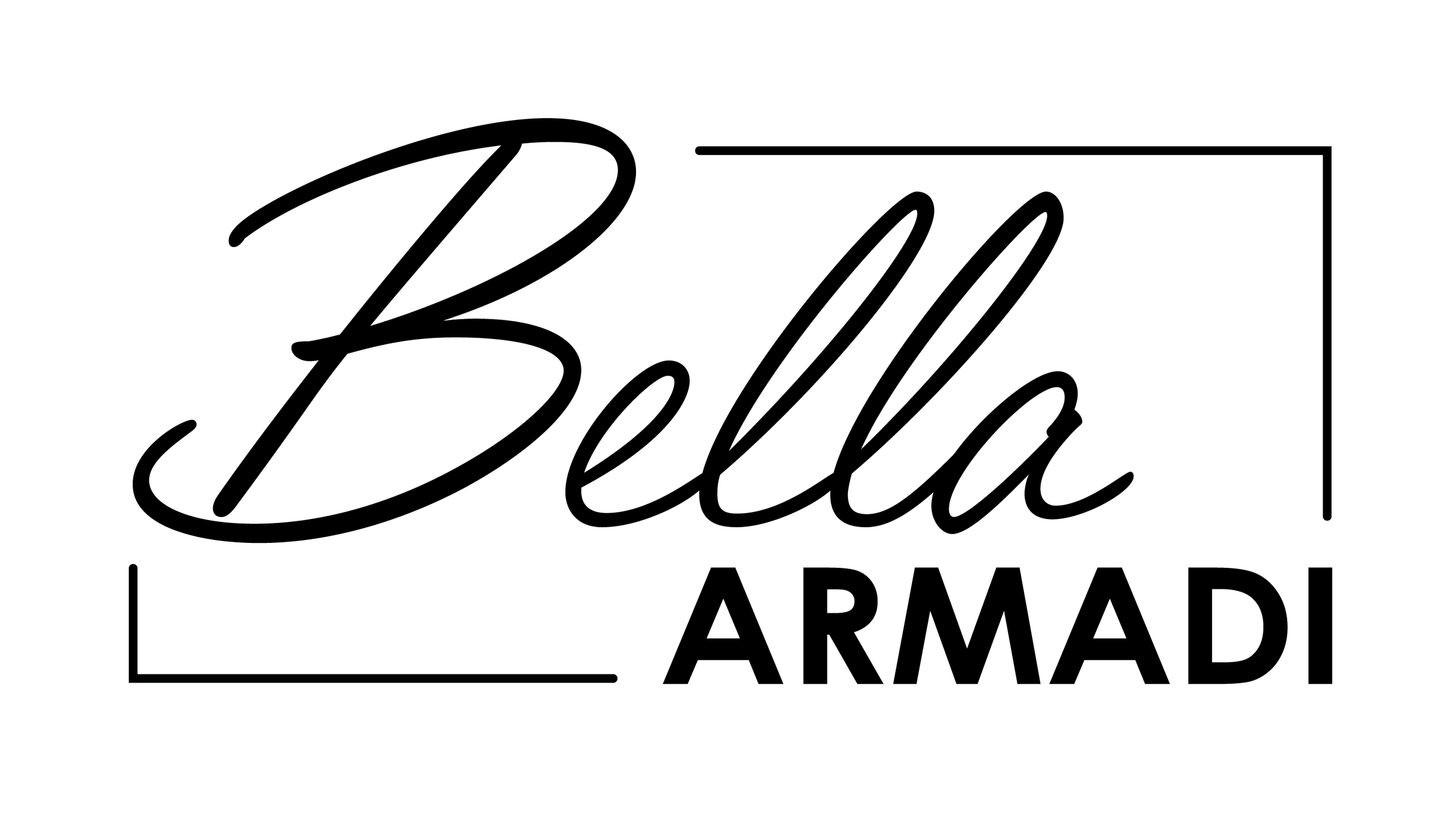 Elegant black and white logo with the words 'Bella Armand' in cursive and block fonts, framed by corner lines.