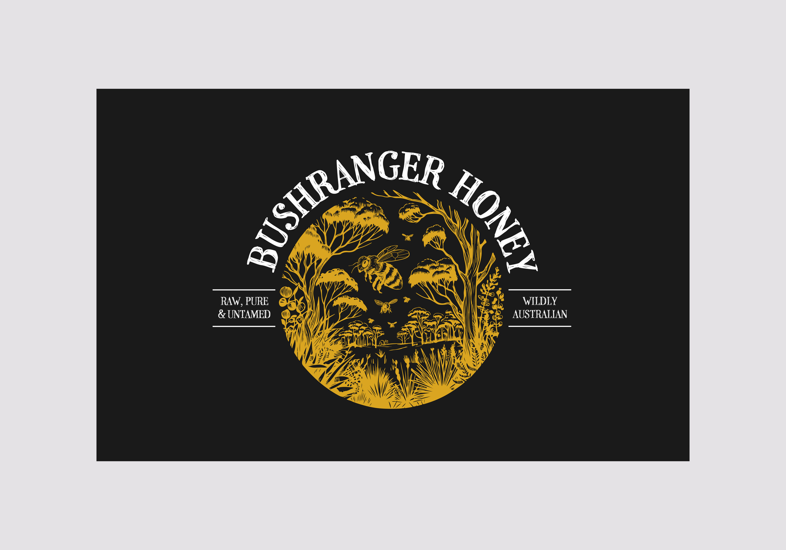 A handcrafted typeface complements the illustration, reinforcing the brand’s values of tradition, authenticity, and craftsmanship. Its rough, organic form mirrors the raw, artisanal nature of the honey. I also wrote the tagline — RAW, PURE & UNTAMED.