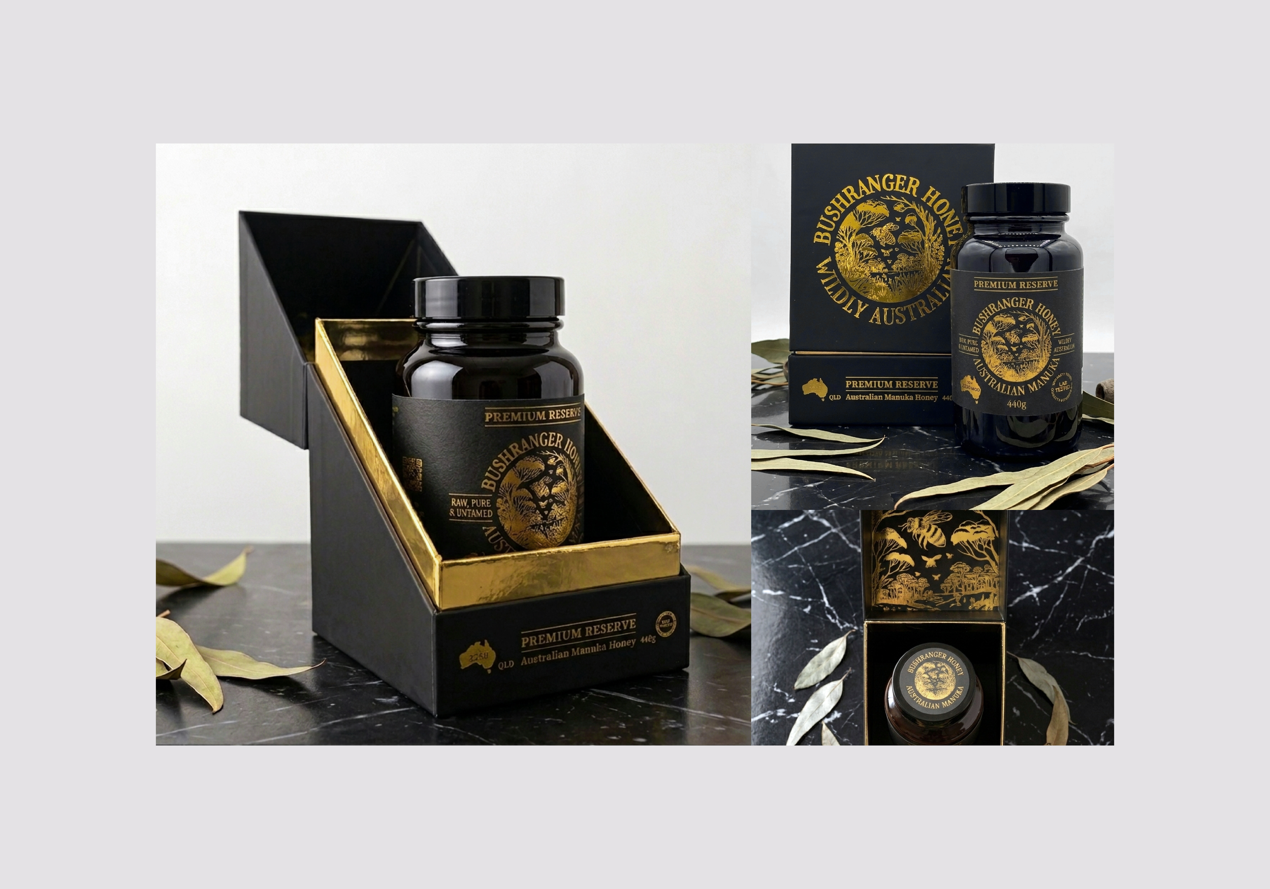 The bespoke luxury packaging design developed for the Premium Reserve Manuka Honey range.
