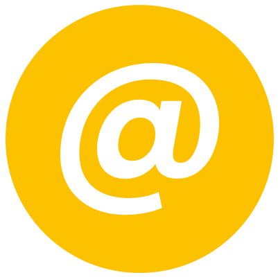 Yellow circular background with a white at symbol (@) in the center.