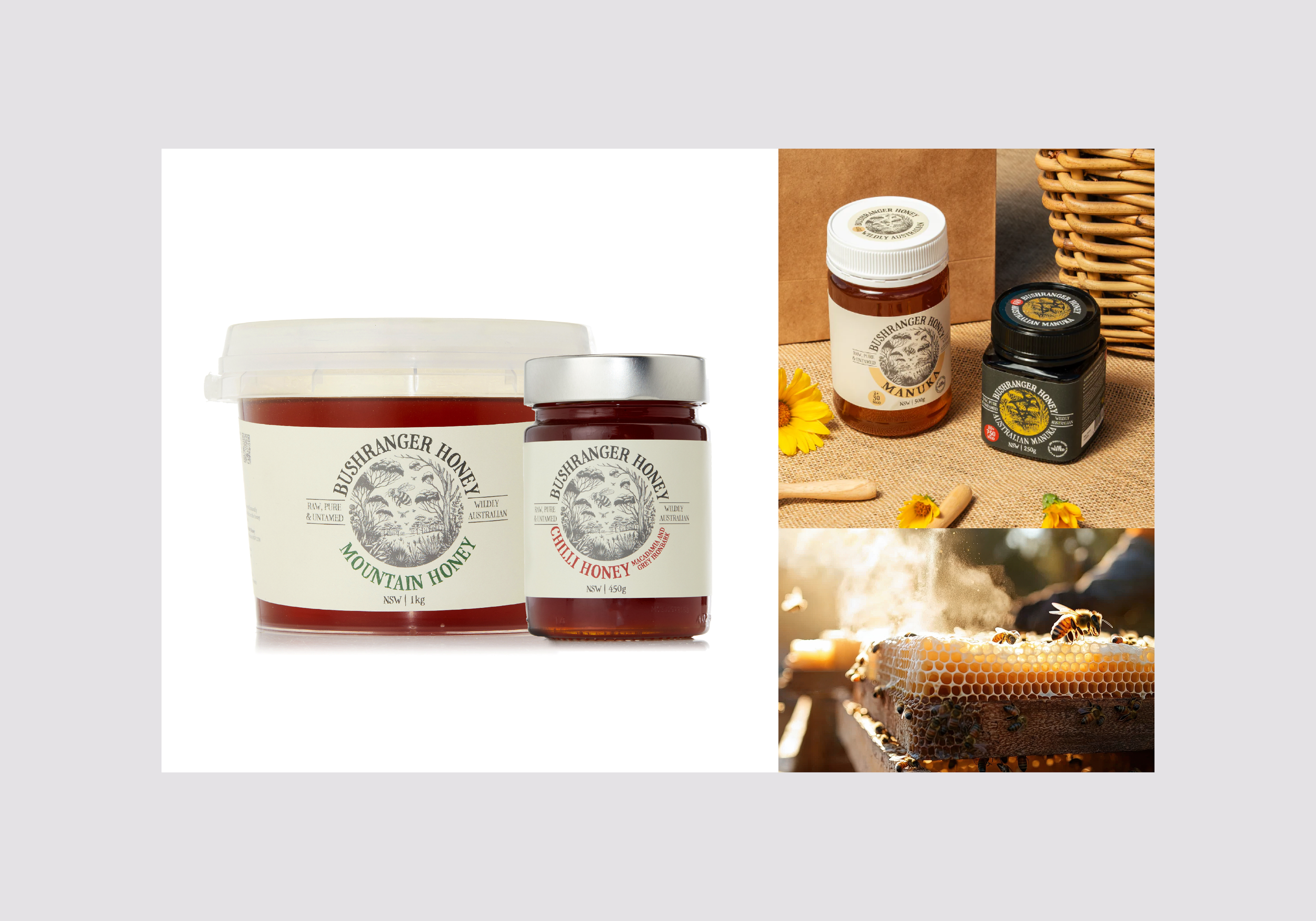 The logo and type were reversed out for the flavoured honey range to visually differentiate them from the premium export Manuka line, creating a clear brand hierarchy while maintaining consistency. 