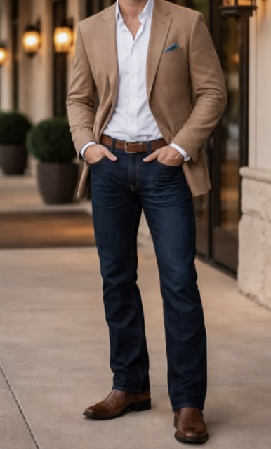 Outfit example for men: Brown blazer, Navy pants