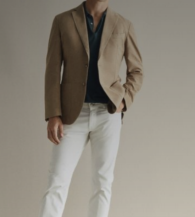 Example outfits for men, tan blazer, white pants & black shirt