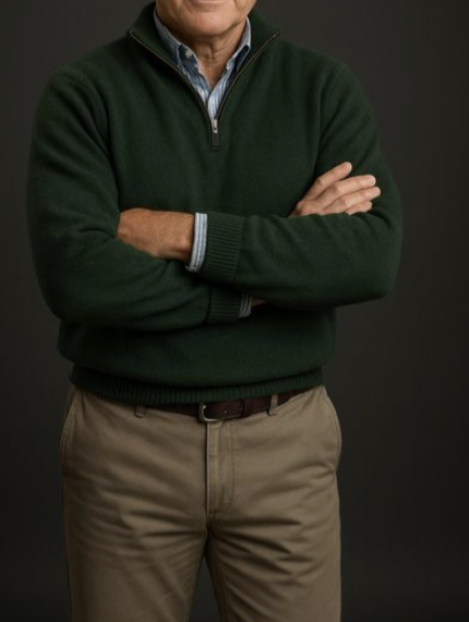Example outfit, forest green knit zip up sweater and brown pants
