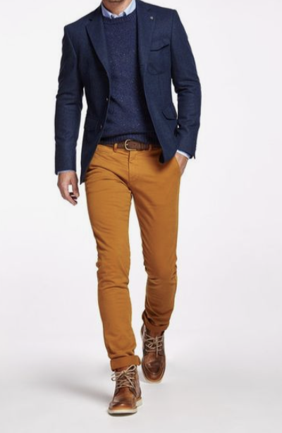example outfit for men Ochra pants, blue blazer and brown shoes