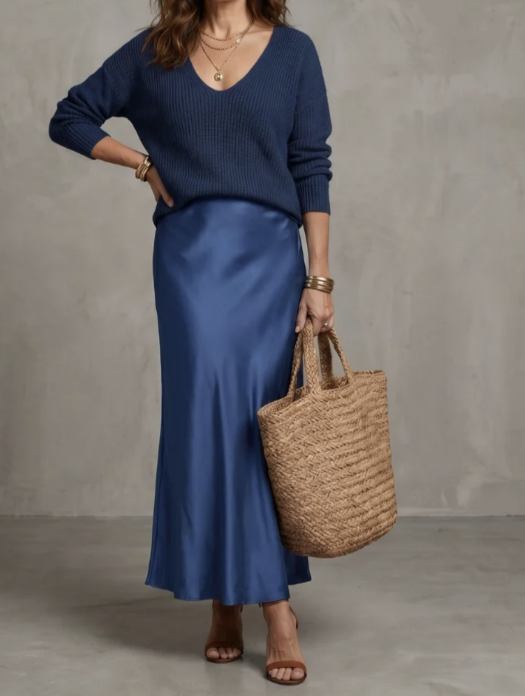Muted blue v neck knit sweater and blue satin skirt, rattan bag and brown sandals