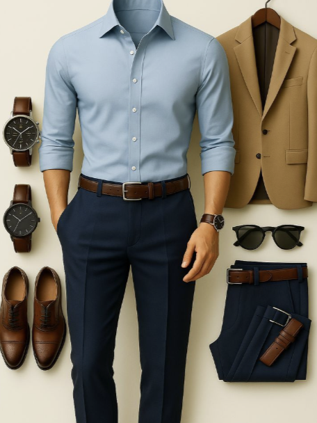 Example accessories for men, Blue shirt and pants with brown accessories