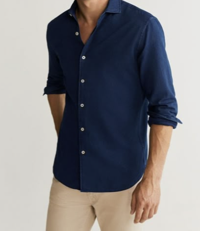 Example outfit for men Navy shirt, tan pants