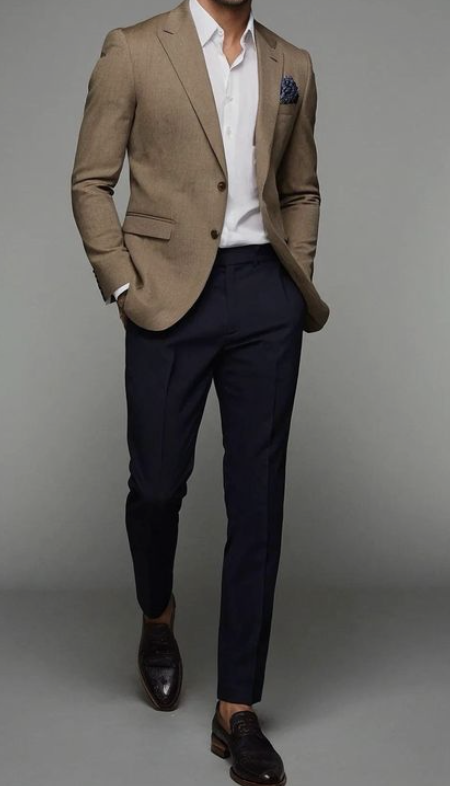 Example outfits for men camel blazer and black pants with white shirt