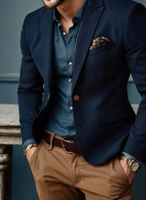 Example outfit: Indigo Blazer, teal shirt, camel pants