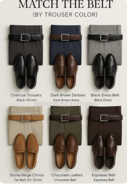 Example oufits, Example of matching shoes belt and pants for men