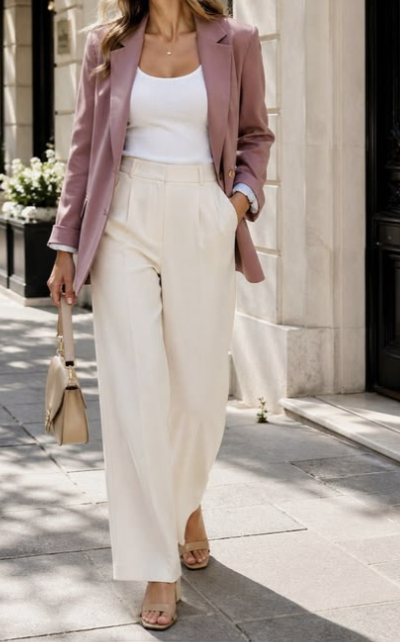 Example outfit Dusty Rose blazer with cream pants and white shirt