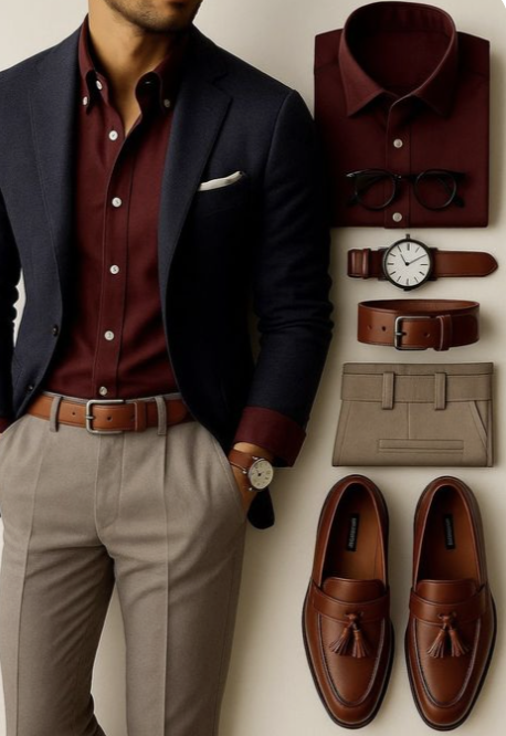 example outfit for men burgundy and brown accessories example