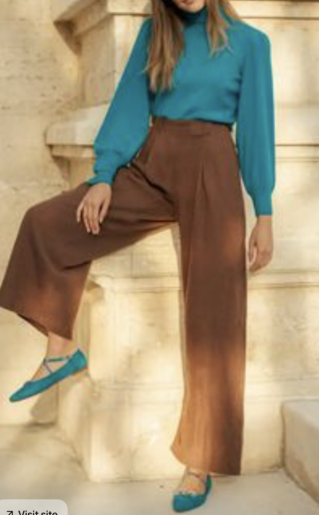 Example outfit, bright teal flowy sleeves blouse with matching shoes, with brown pants