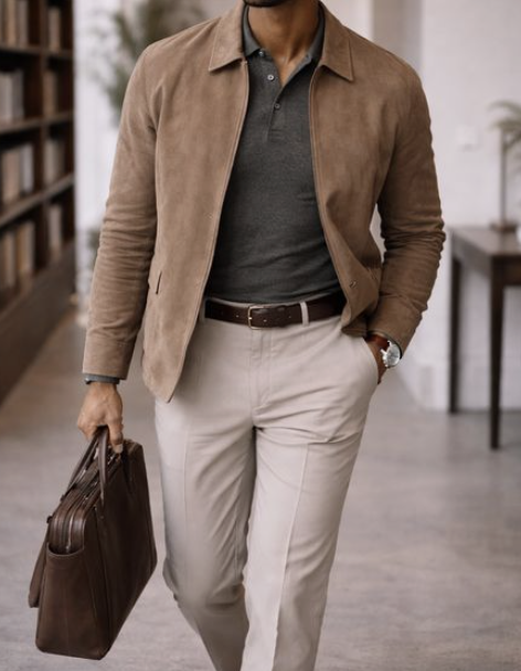Example outfit for men, swede leather zippered jacket, tan pants and olive gray polo shirt