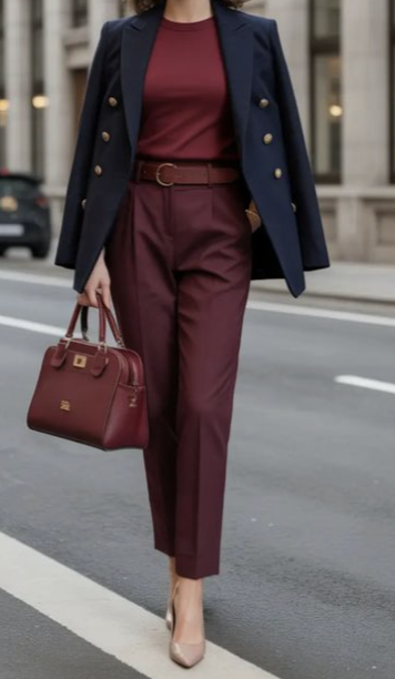 Example outfit: Burgundy layers under Navy blazer
