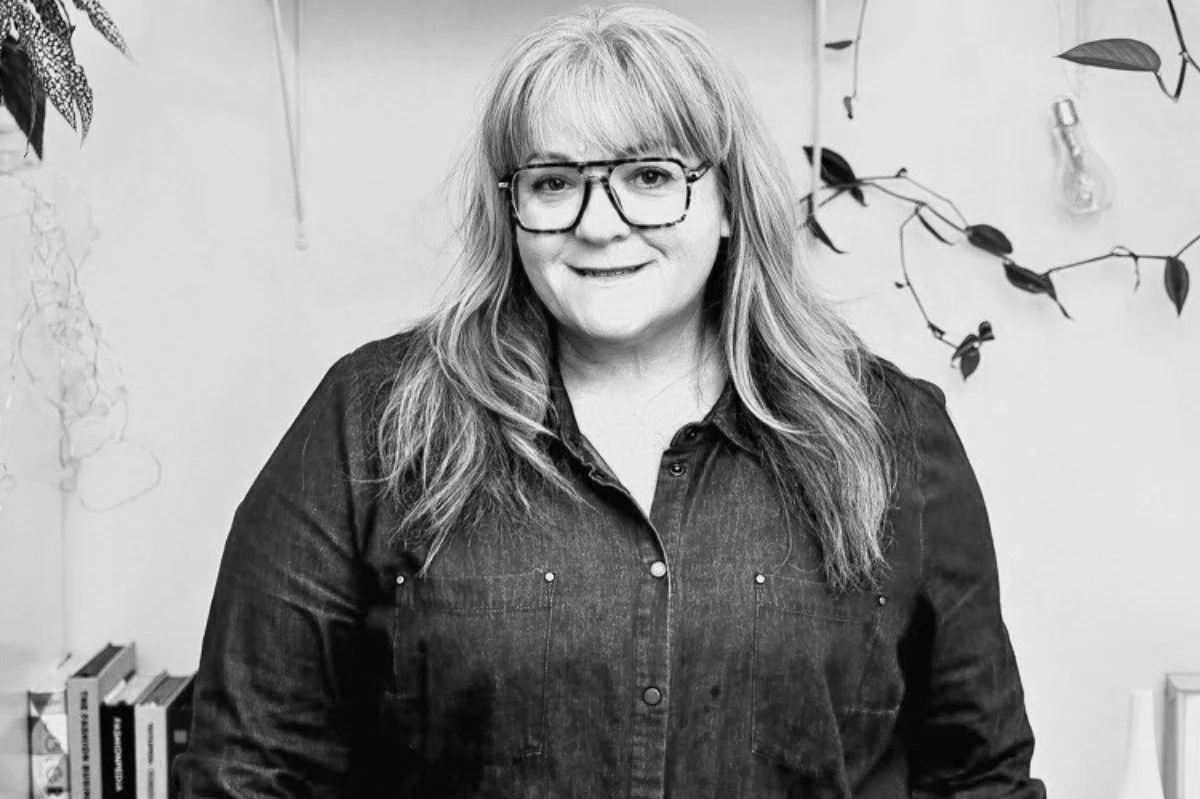 Black and white image of kerry in denim shirt