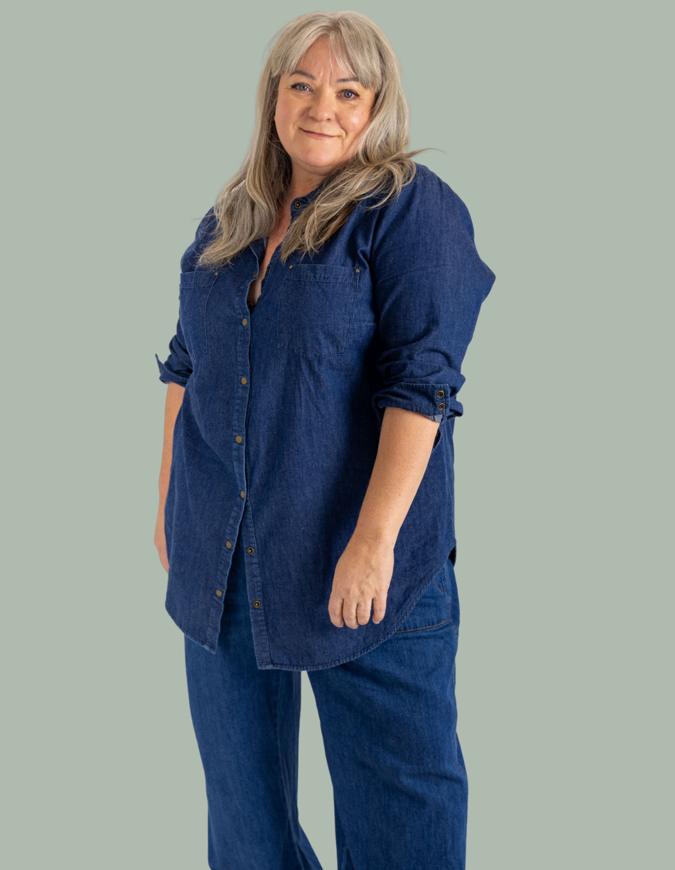 Kerry ib denim coordinate standing and looking at camera