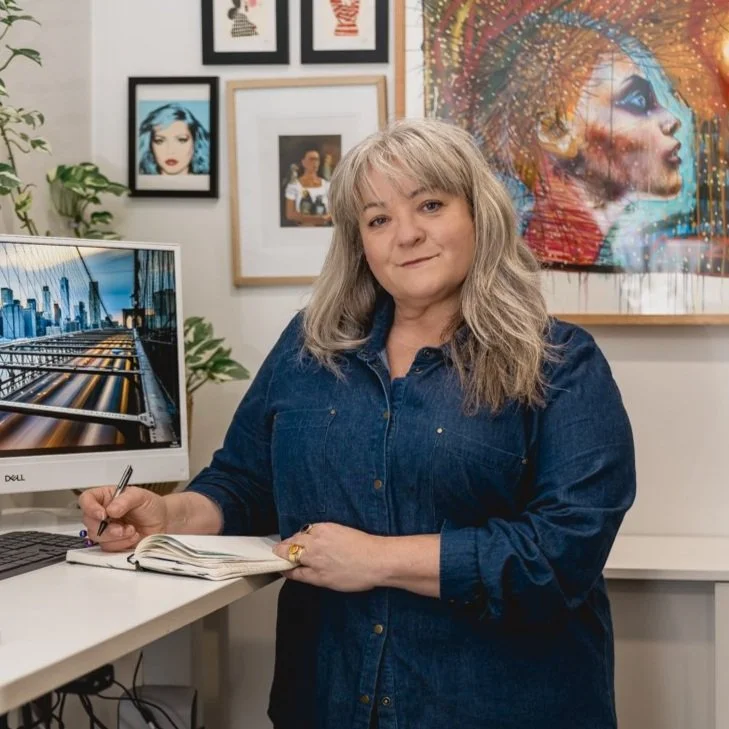 Kerry Pietrobon working at her desk in a creative studio—Melbourne-based fashion business consultant working with clients globally.