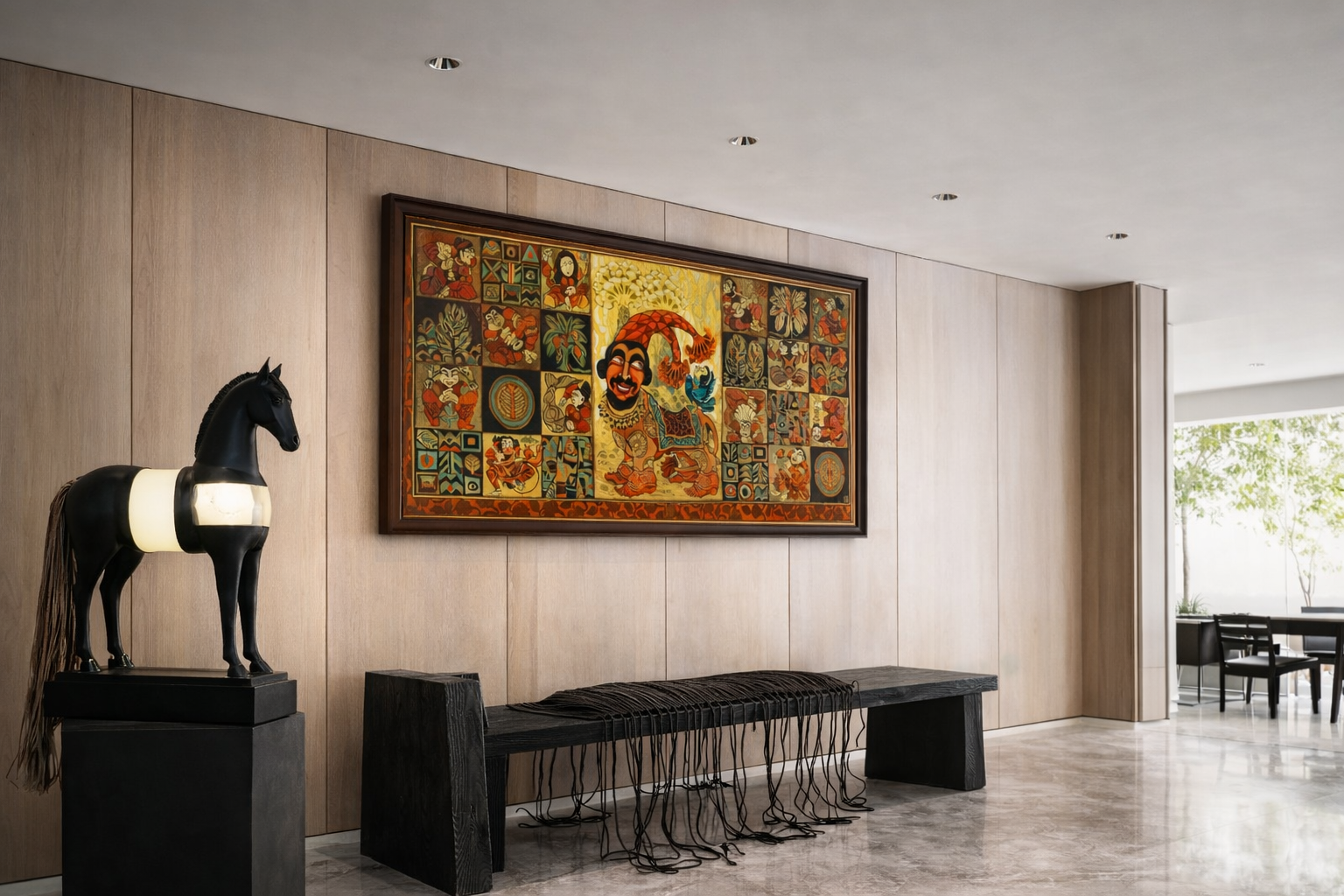 Client project visualization featuring a horse sculpture and framed painting in a considered interior.