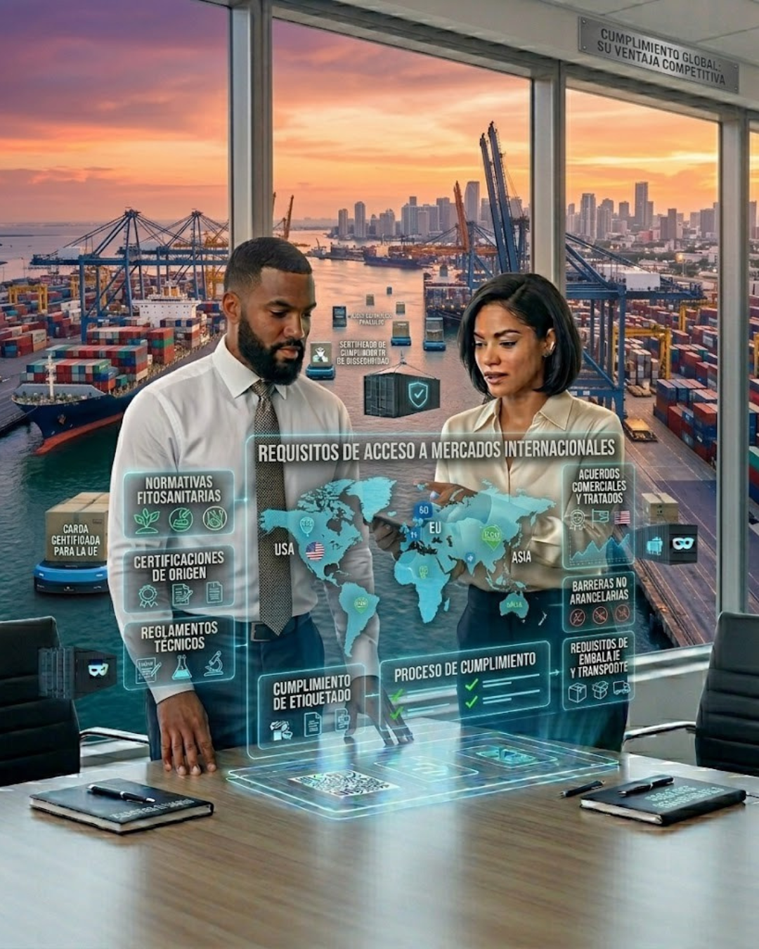 Dos personas en una sala de reuniones con vistas a un puerto con contenedores y grúas durante el atardecer, discutiendo requisitos para acceder a mercados internacionales, con gráficos y mapas digitales sobre la mesa.