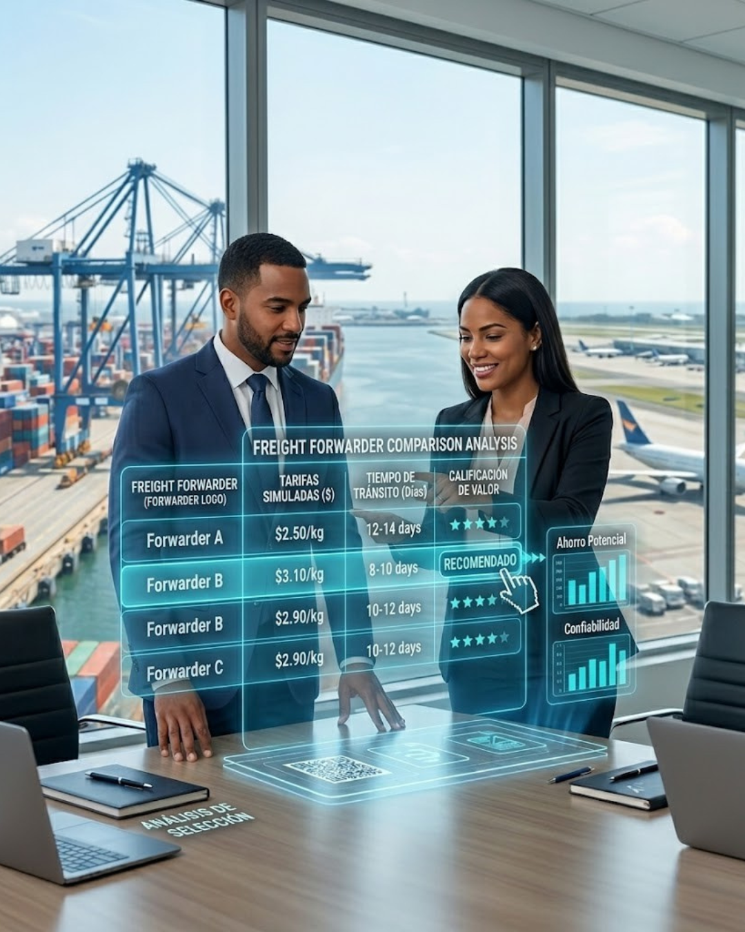 Dos personas en una sala de reuniones con vista a un puerto, analizando una tabla digital sobre comparaciones de tarifas de transporte de carga, tiempos de tránsito y calificación de valor, con gráficos de potencial de ahorro y confiabilidad.