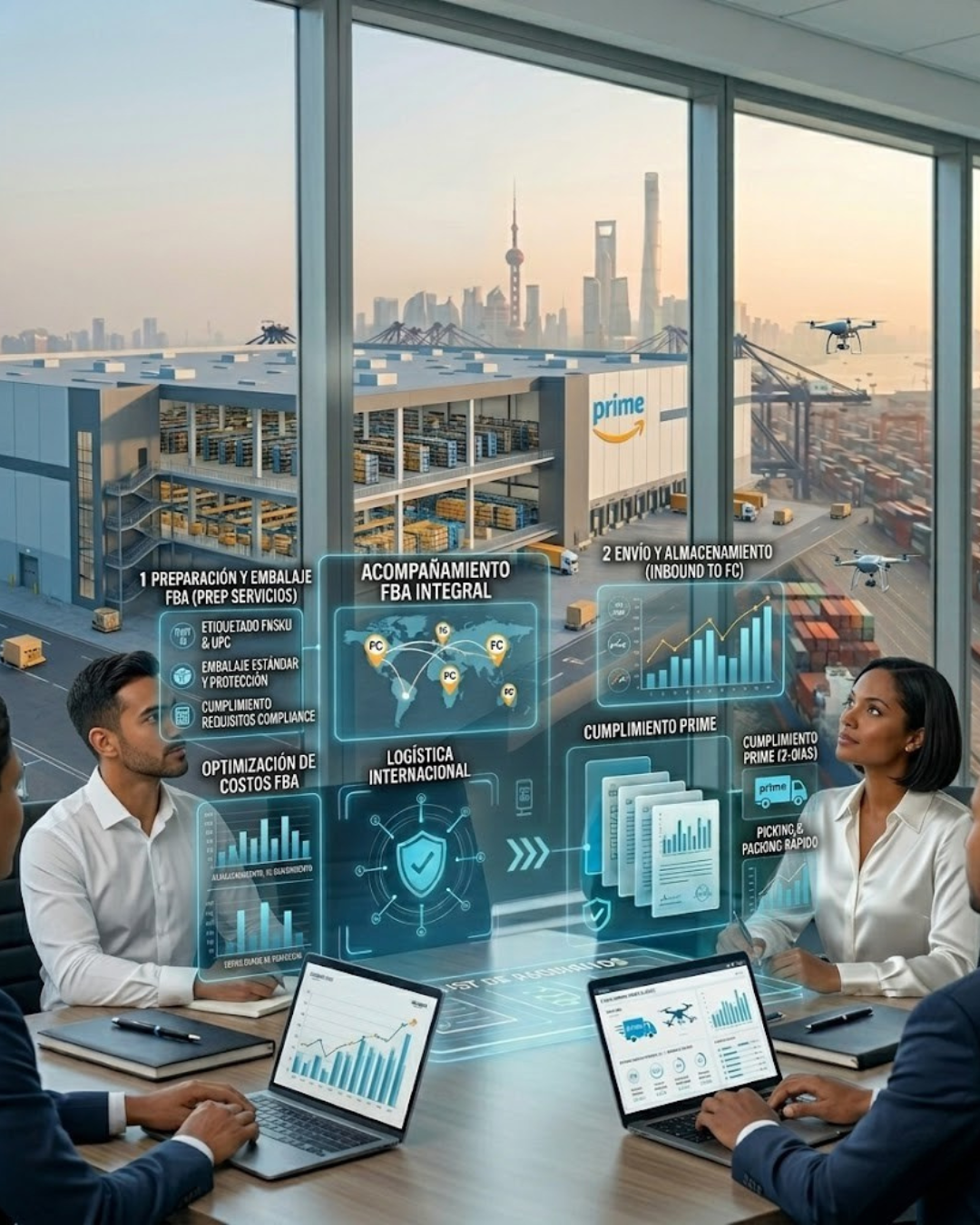 Reunión en una oficina con vista a un almacén de Amazon y un skyline de ciudad moderna en el fondo, con tecnología holográfica mostrando procesos logísticos y cumplimiento de pedidos.