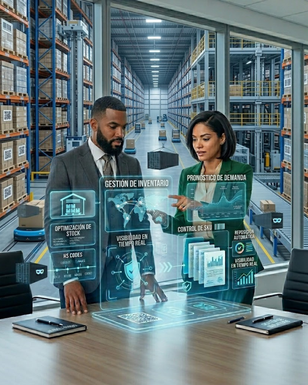 Dos personas, un hombre y una mujer, revisando datos y gráficos sobre gestión de inventario y demanda en un almacén con estanterías llenas de cajas, utilizando tecnología de realidad aumentada.