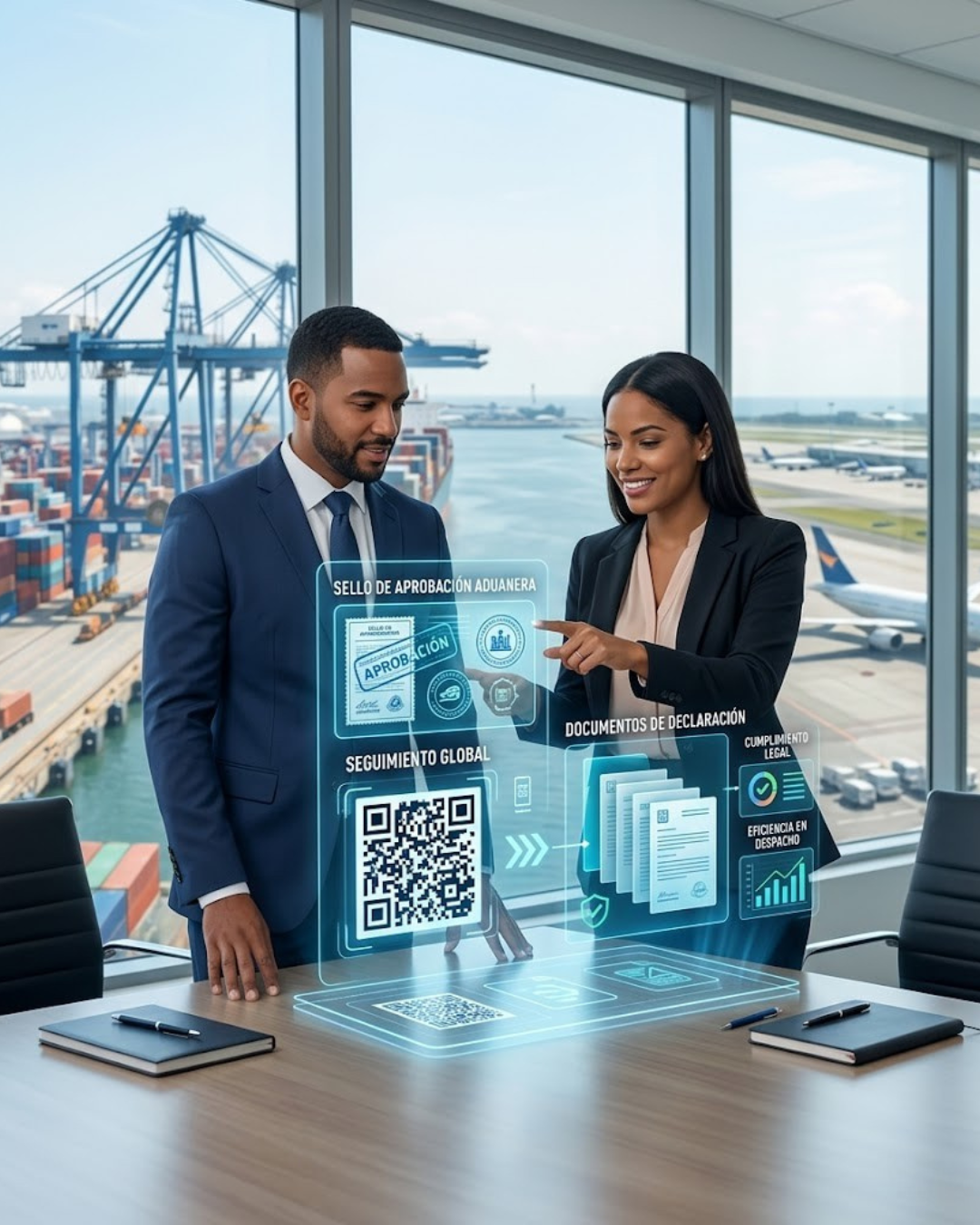 Dos personas en una oficina con vista al aeropuerto, revisando documentos digitales relacionados con aduanas y logística, incluyendo un QR y gráficos de eficiencia.