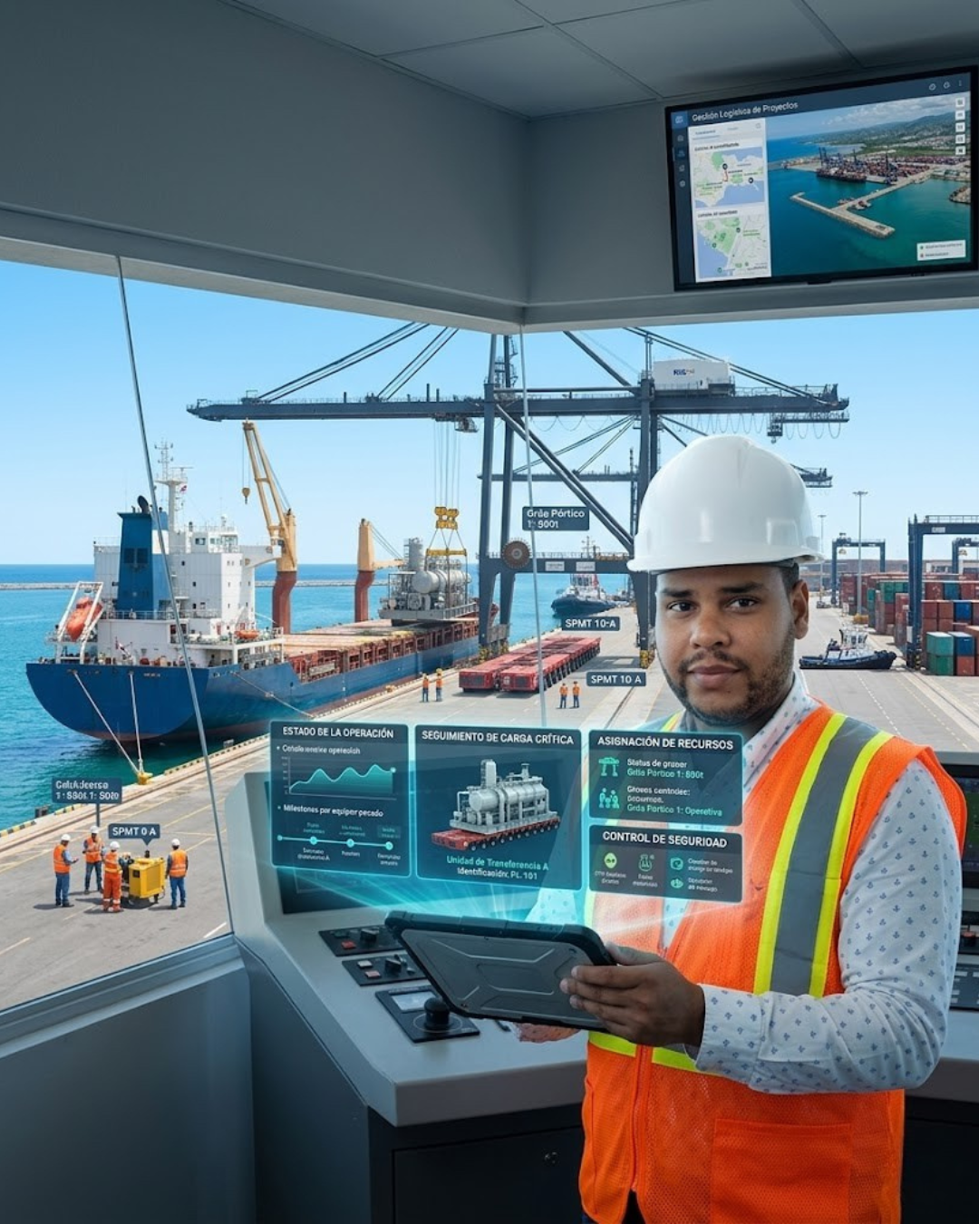Supervisor portuario con casco y chaleco de seguridad monitorea operaciones en un puerto con buque y grúas en el fondo, usando una tablet y un sistema digital de gestión.