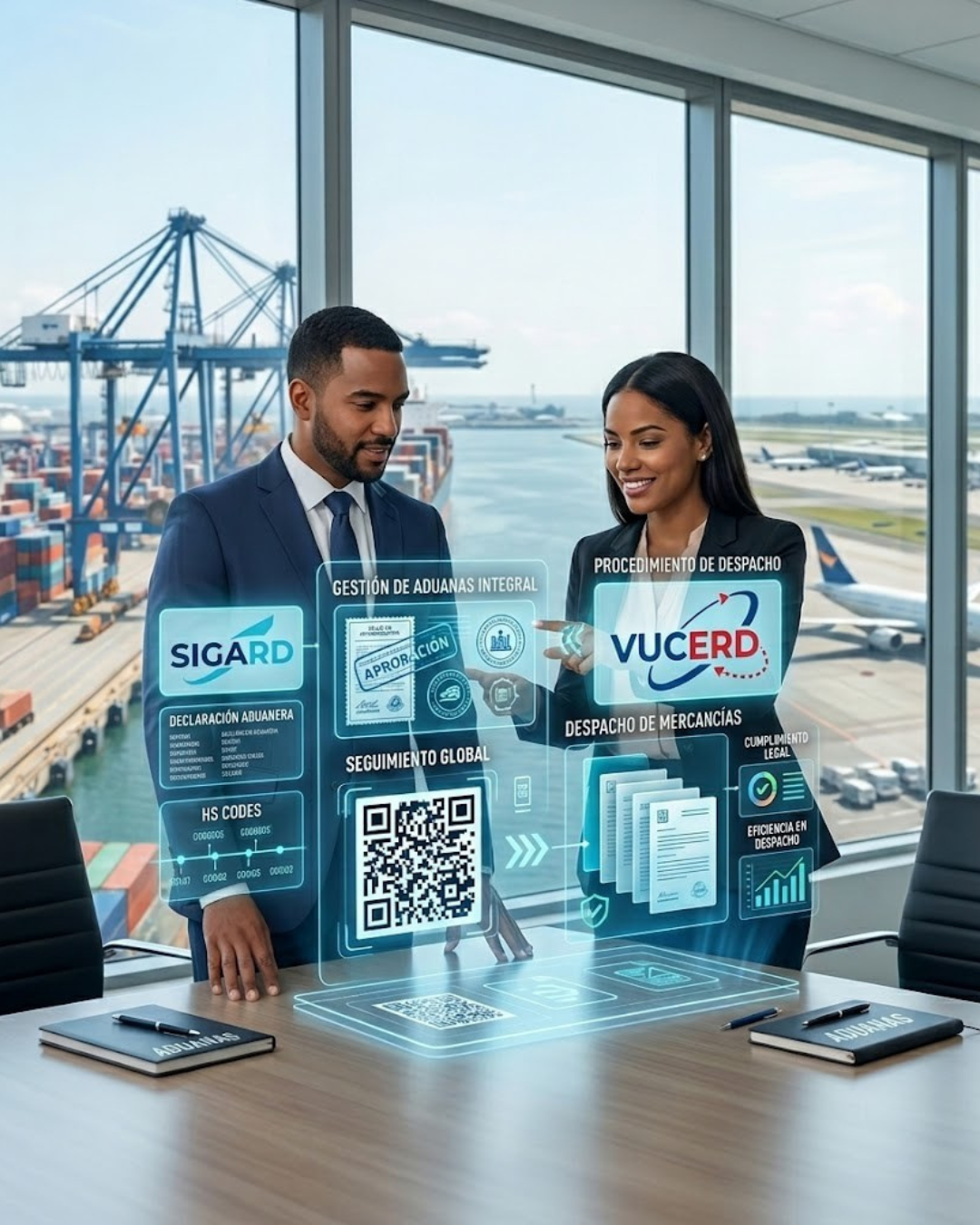 Dos personas en trajes de negocios interactuando con hologramas en una oficina con vista a un puerto marítimo, con barcos y grúas en el fondo.