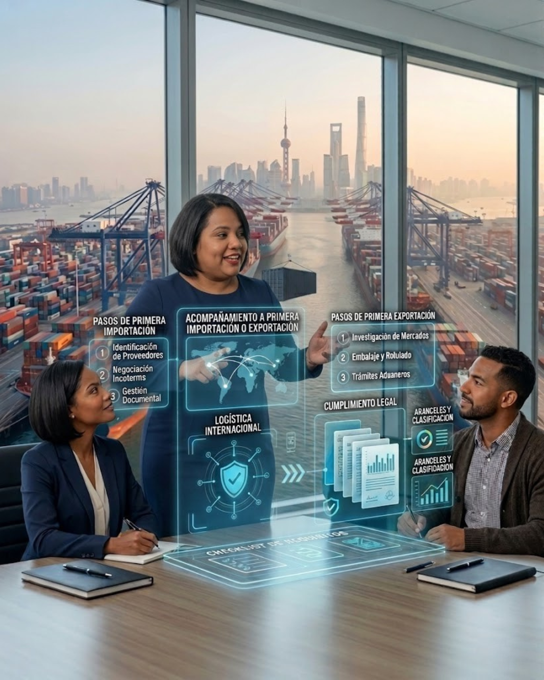 Tres personas en una reunión, observando una pantalla con gráficos y texto sobre logística y comercio internacional, con vista a una ciudad y un puerto desde una oficina