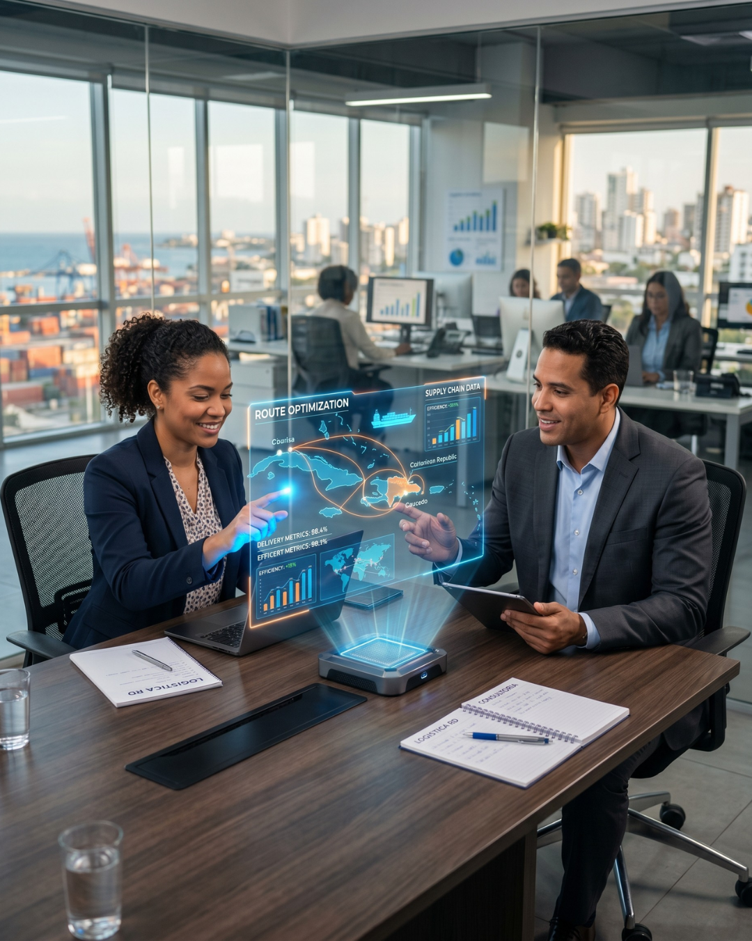 Dos profesionales de negocios discutiendo en una oficina moderna con ventanas grandes, con gráficos y mapas holográficos de optimización de rutas y datos de cadena de suministro entre ellos.