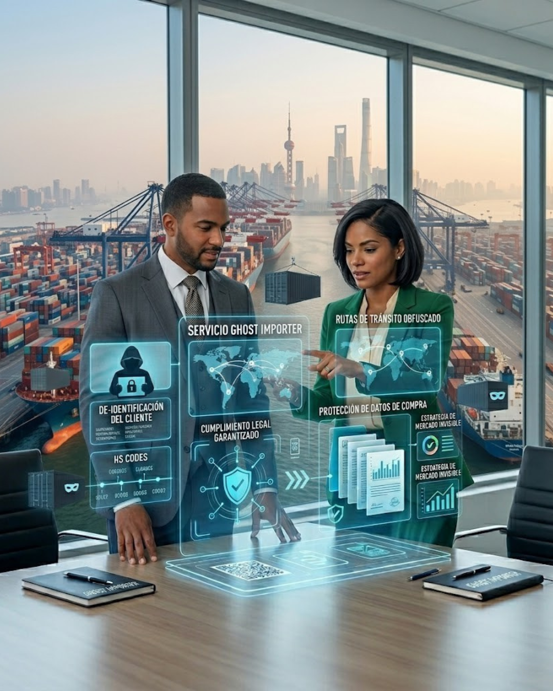Dos profesionales de negocios discutiendo con gráficos y datos holográficos sobre comercio, protección de datos y servicios de importación, con vista a un puerto con barcos y una ciudad moderna en el fondo.