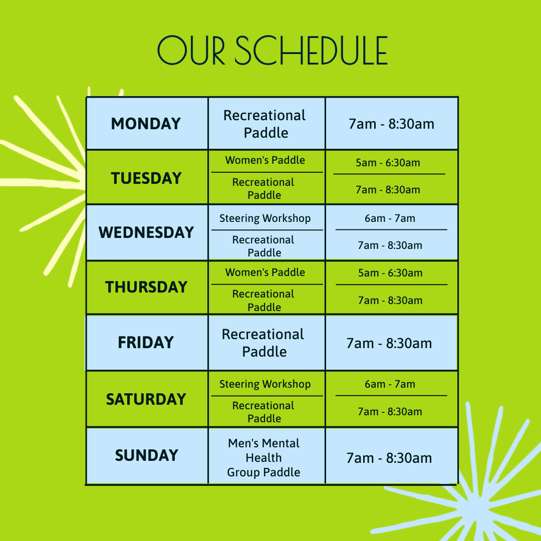 Weekly schedule for paddle sports and workshops, including details for each day from Monday to Sunday.