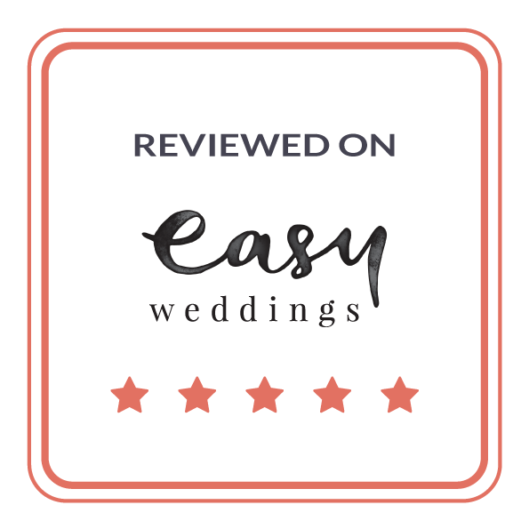 Review badge from Easy Weddings with five red stars.