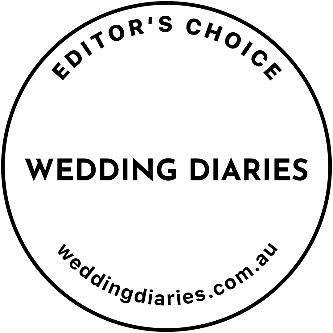 Circular 'Wedding Diaries' badge with 'Editor’s Choice' at the top, and 'weddingdiaries.com.au' at the bottom.