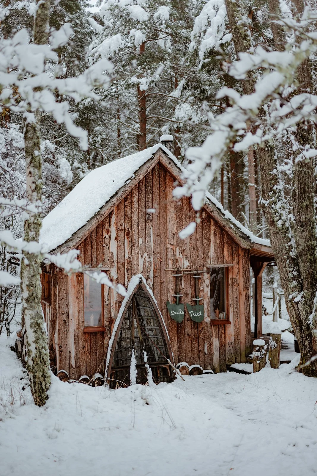 A rustic wooden cabin in a snow-covered forest with snow on the roof and surrounding trees.