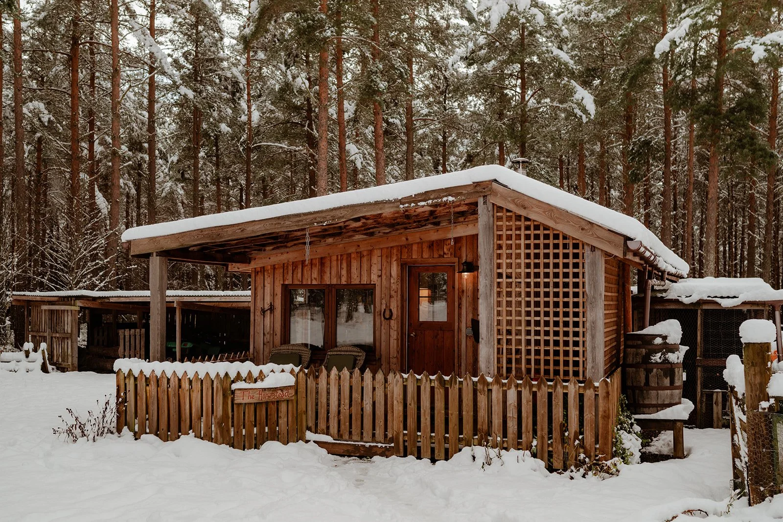 A small wooden cabin with a snow-covered roof, surrounded by a wooden fence, in a snowy forest with tall trees in the background.