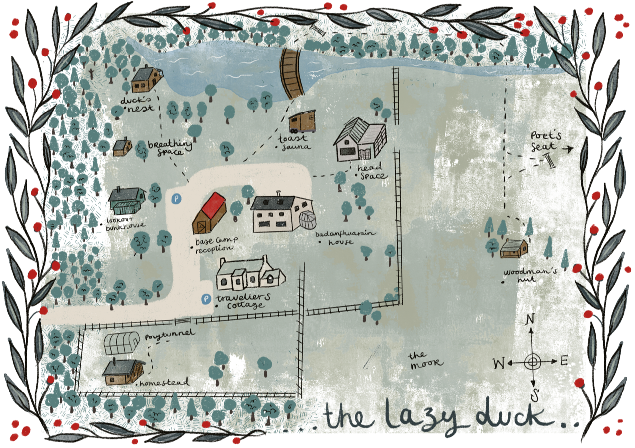 A illustrated map of a farm named 'the lazy duck', showing various structures and areas including a pond, duck's nest, breathing space, lookout bunkhouse, base camp reception, a traveler’s cottage, a potting tunnel, a homestead, a toast sauna, head space, a pond, a woodman's hut, poet's seat, and a garden area. The map features a decorative border of leaves and red berries, with a north arrow and the farm's name written at the bottom.