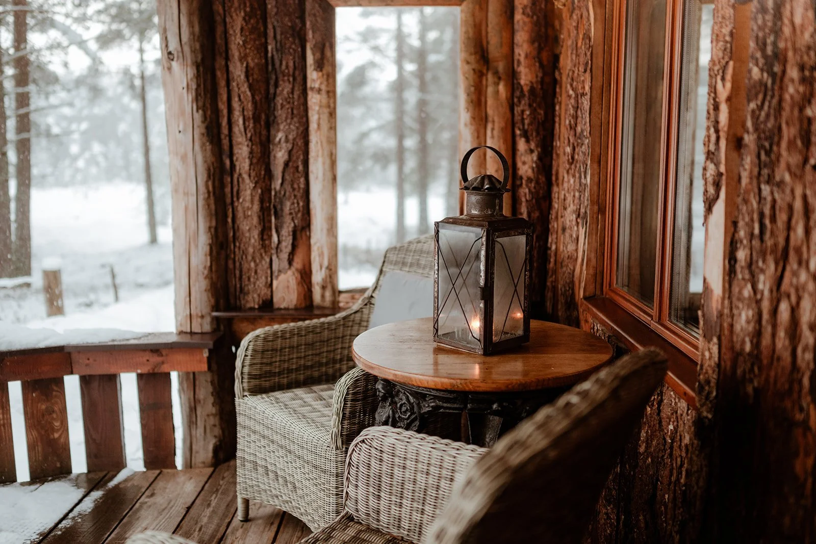 outdoor seating at an off-grid hut in the cairngorms national park with snow and pine forest surrounding