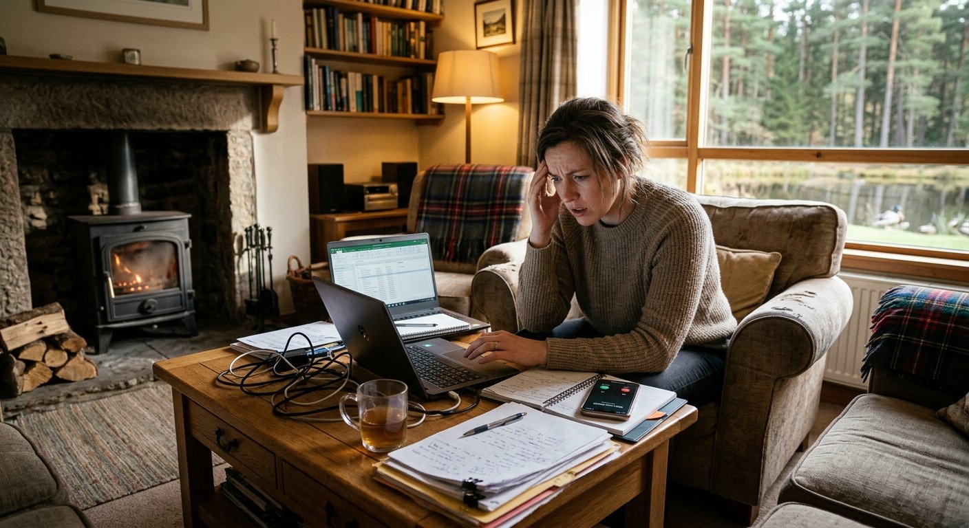 A lady sat at a coffee table trying to do work in her cottage but looking stressed with laptops, notebooks and cables on the table.