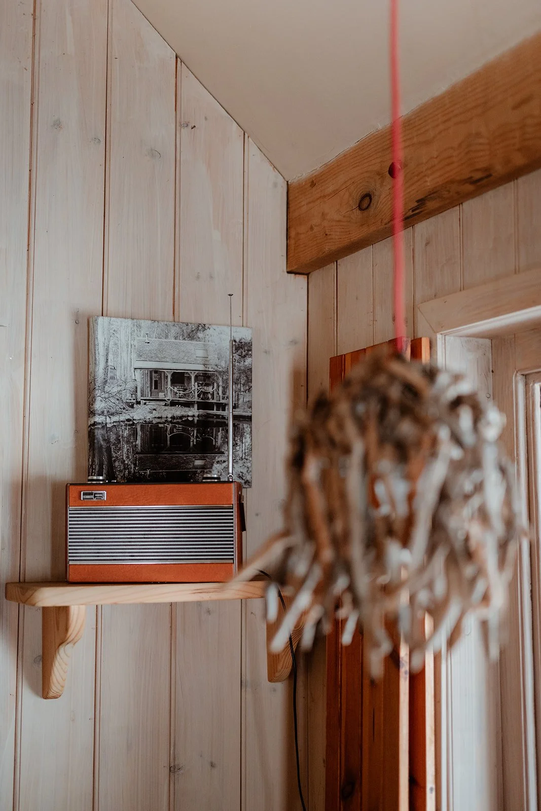 Close-up of a hanging bird nest in the foreground, with a wooden shelf holding a vintage radio and a black-and-white photograph of a house with trees in the background, all against wooden paneled walls.