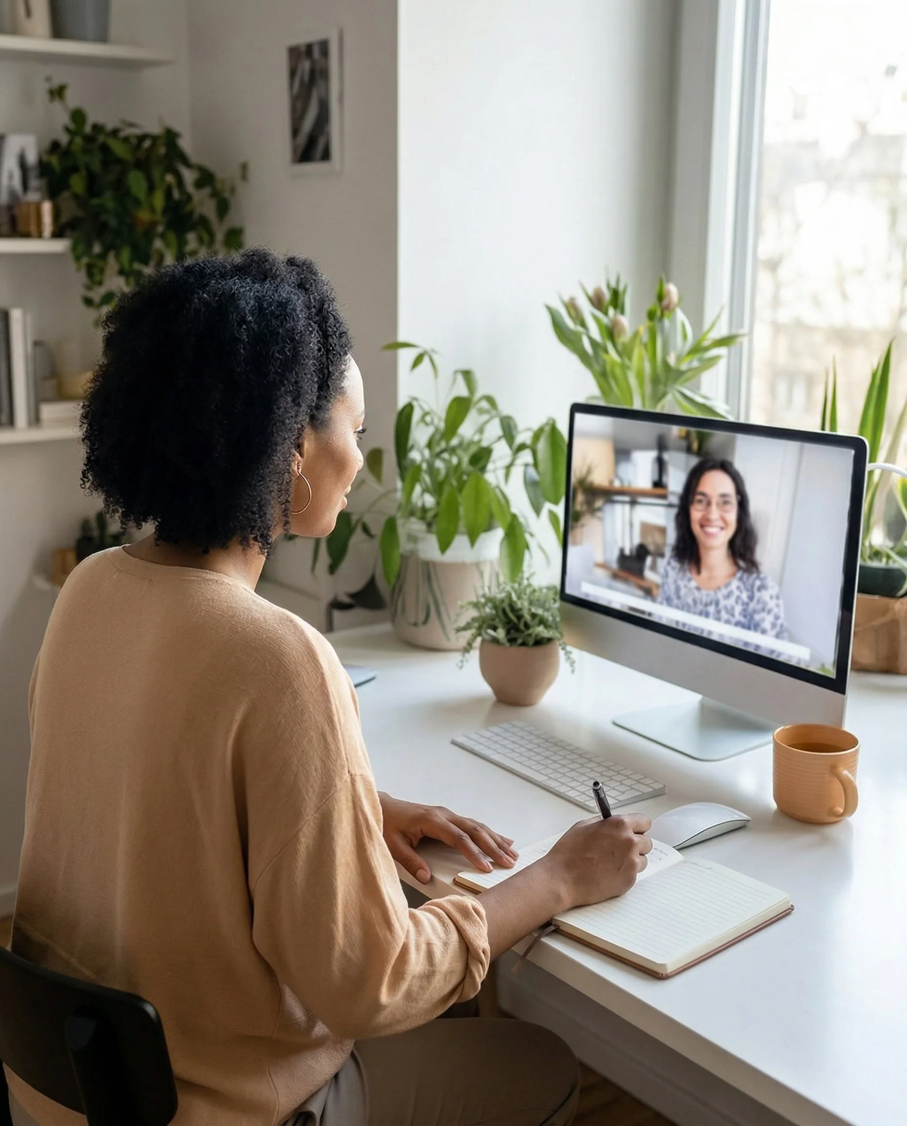 A woman with curly black hair wearing a beige top is sitting at a white desk, taking notes in a notebook with a pen. She is looking at a computer monitor that shows another woman with glasses and dark, wavy hair on a video call. The desk has a white keyboard, mouse, a coffee mug, and several potted plants. The background includes a window with natural light and a white shelf with books and decor.