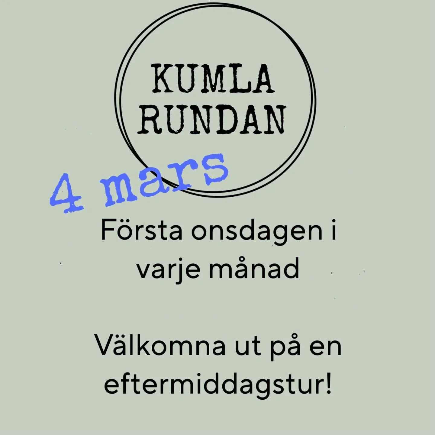 D&aring; &auml;r det dags f&ouml;r en ny Kumlarunda!

V&auml;lkomna runt till oss och v&aring;ra verksamheter 
Gemensamt &ouml;ppet f&ouml;rsta onsdagen i m&aring;naden
kl. 15.00-18.00 hos

@lillaullbodenikumla
@skoindustrimuseet 
@erikpersasmedjan 
